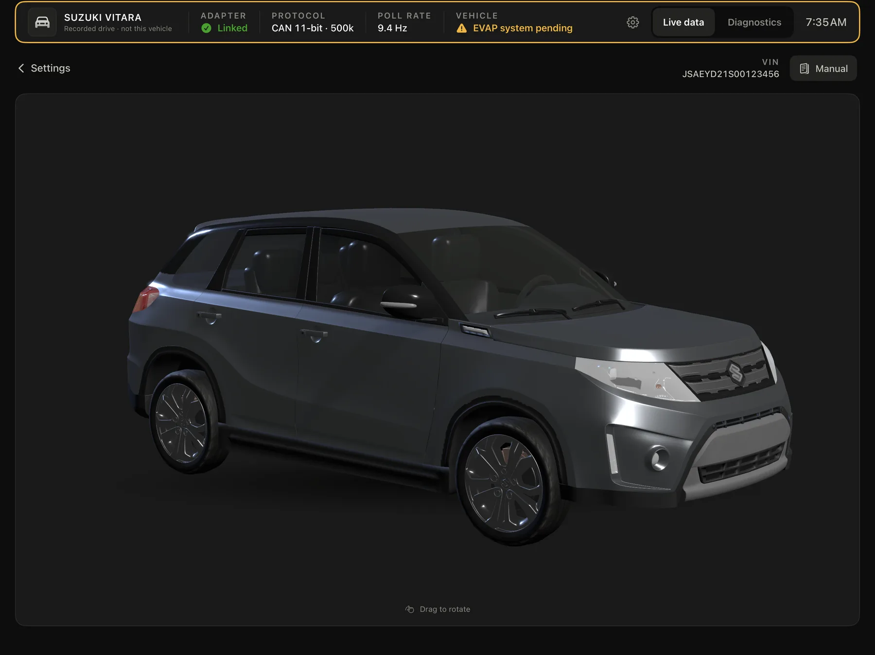 Manifold's vehicle page on an iPad: a dark grey Suzuki Vitara rendered in 3D, with the VIN and a Manual button above it and a drag-to-rotate hint below.