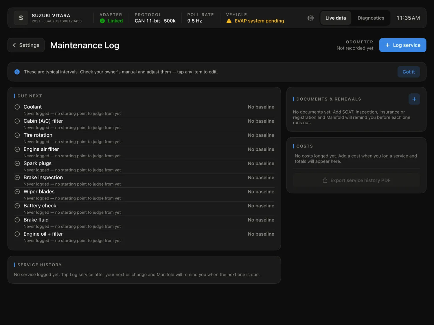 Manifold's maintenance log: a due-next list of ten service items, a documents and renewals panel, a costs panel, and an export service history PDF button.