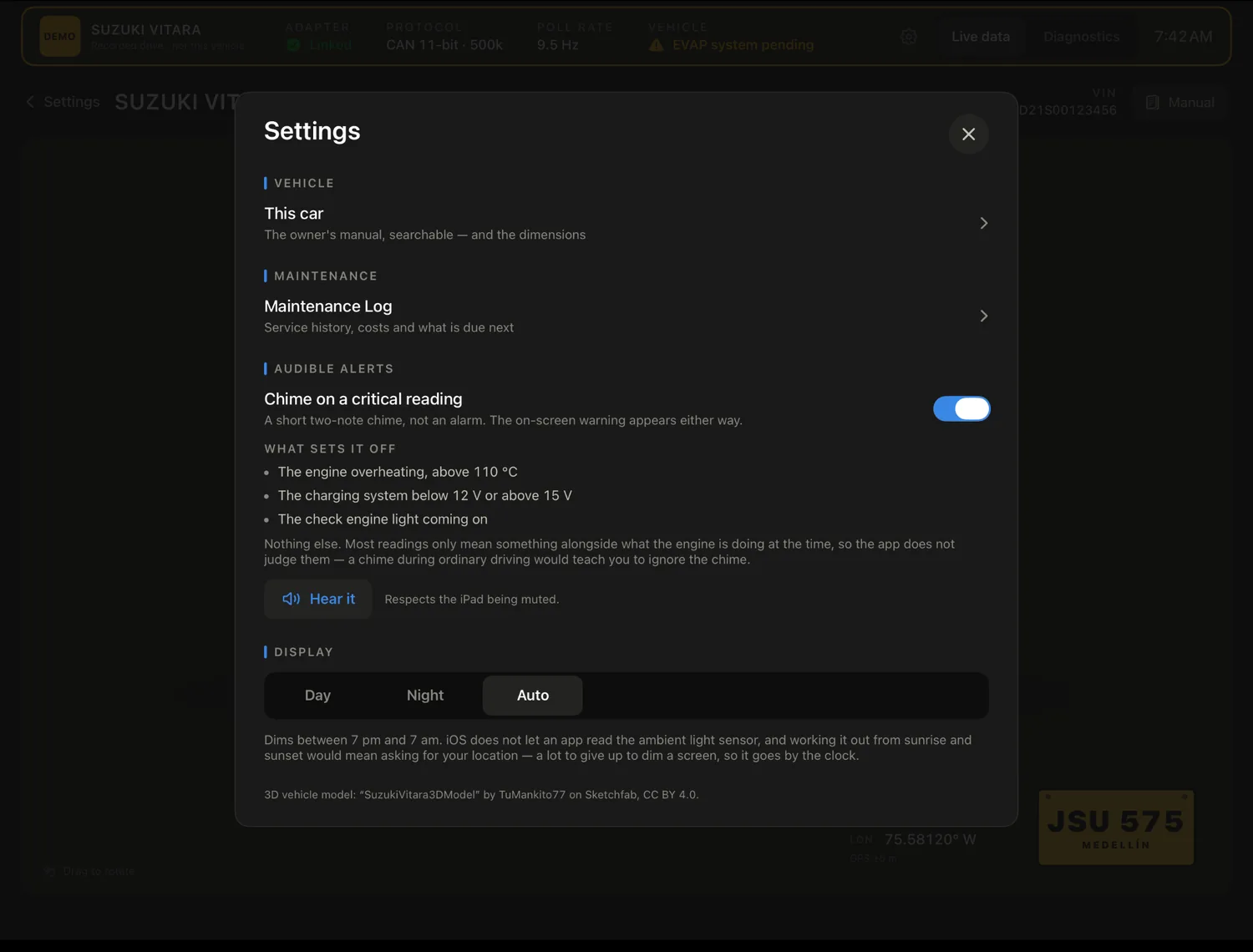 Manifold's settings sheet: vehicle and maintenance links, an audible alert toggle listing the three conditions that trigger a chime, and a day/night/auto display control.